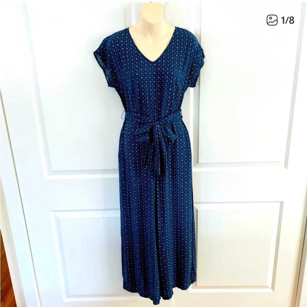 Chaps Navy and White Patterned Dress